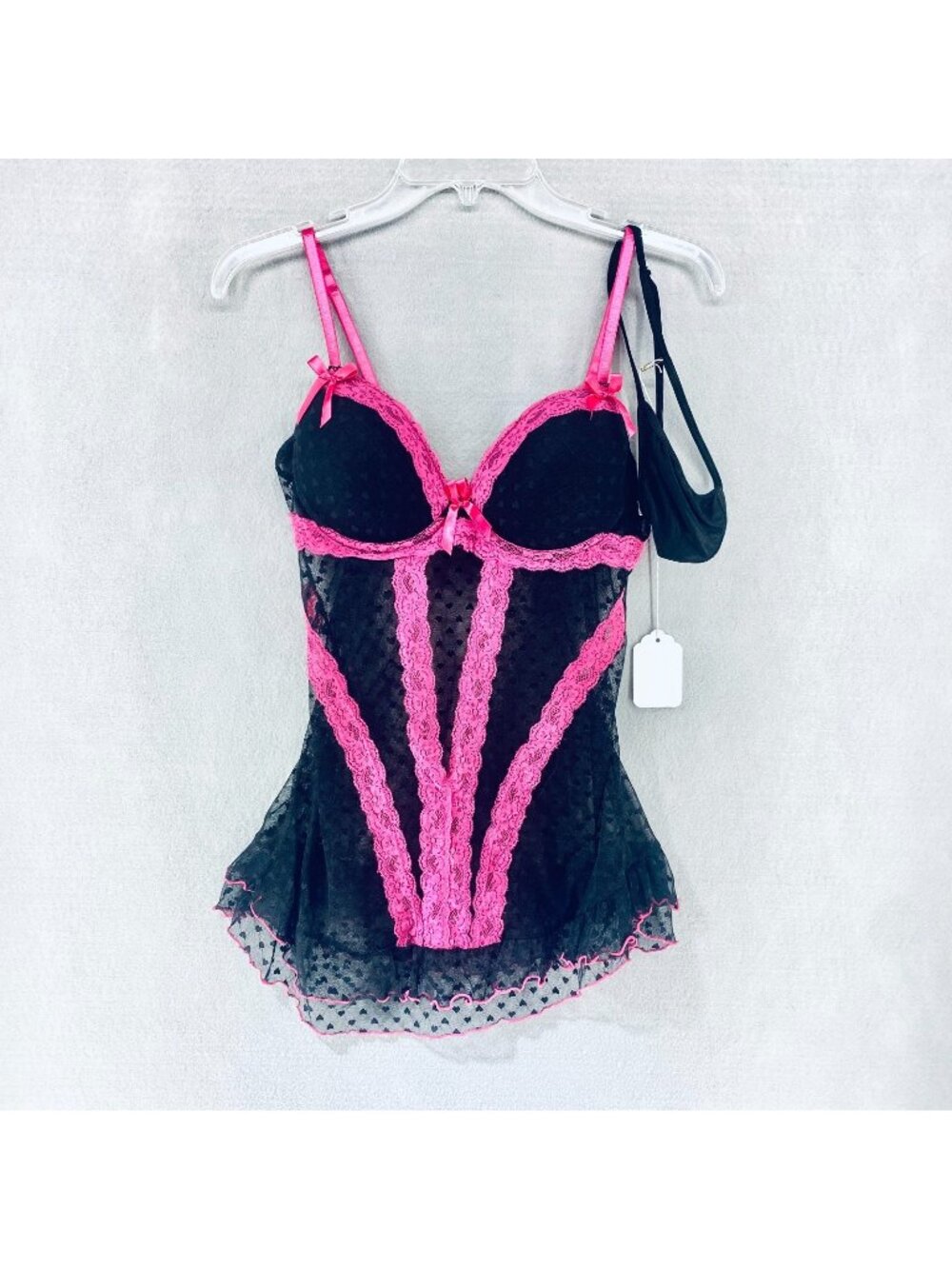 Womens Babydoll Lingerie Set Small Pink Black Lace Cut Out Front Bra Top 90s y2k